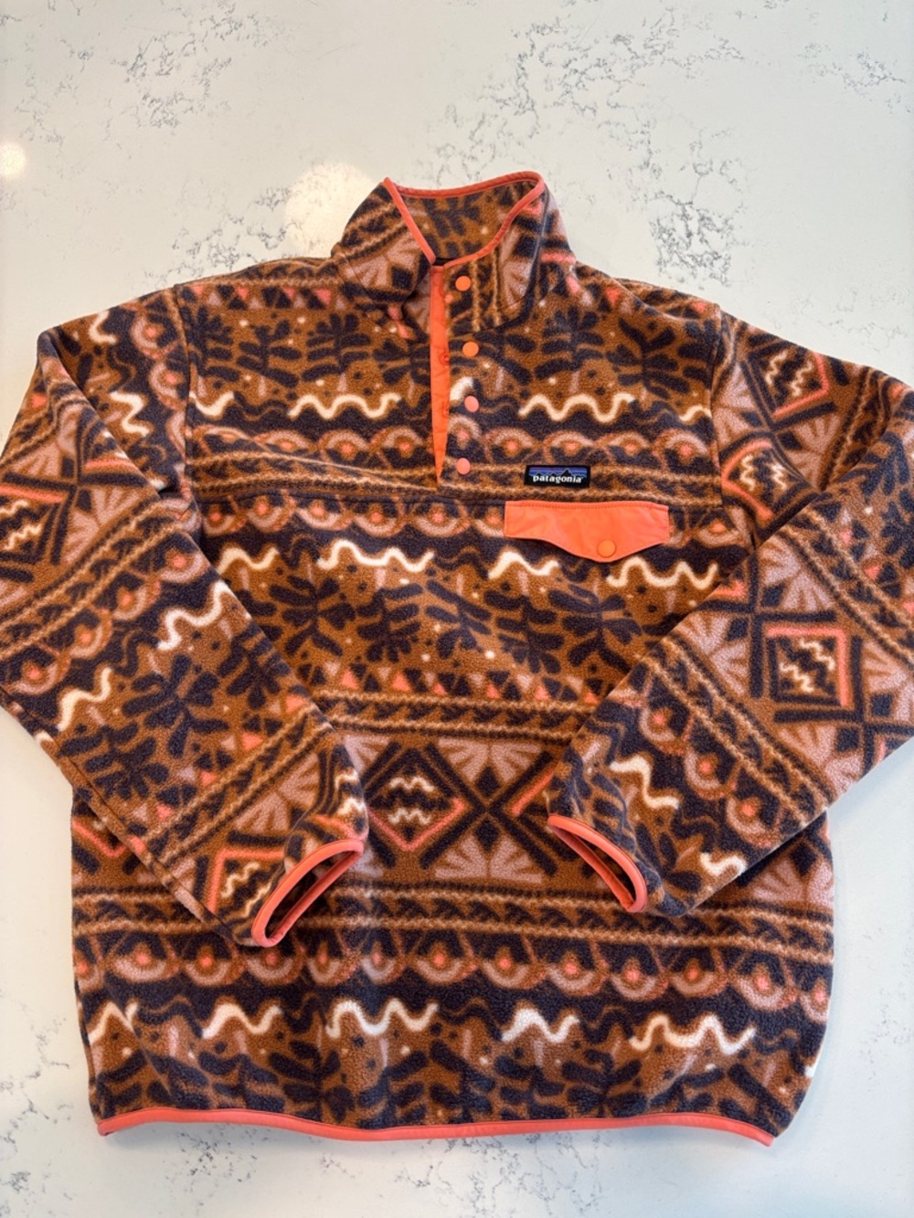 Patagonia Brown & Coral Patterned Fleece Pullover M